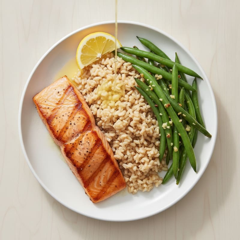Seared Salmon with Garlic Green Beans and Brown Rice