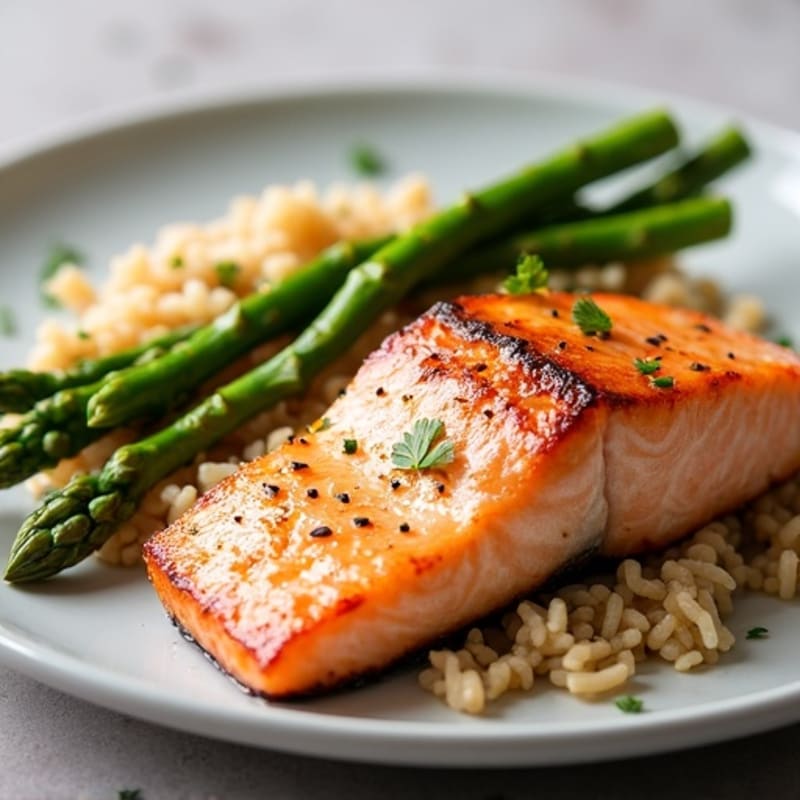 Seared Salmon with Steamed Asparagus and Brown Rice