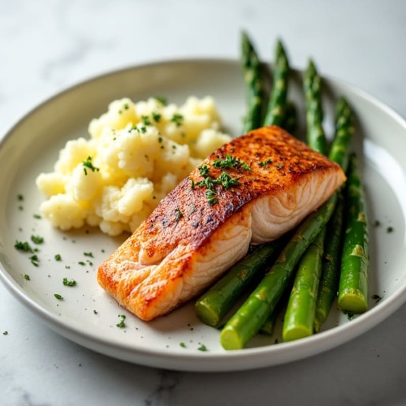 Seared Salmon with Steamed Asparagus and Garlic Mashed Cauliflower