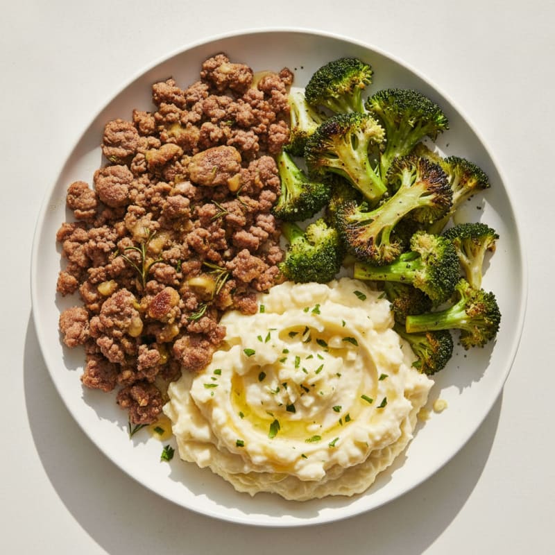 Herb-Seared Ground Beef with Roasted Broccoli and Garlic Mashed Cauliflower