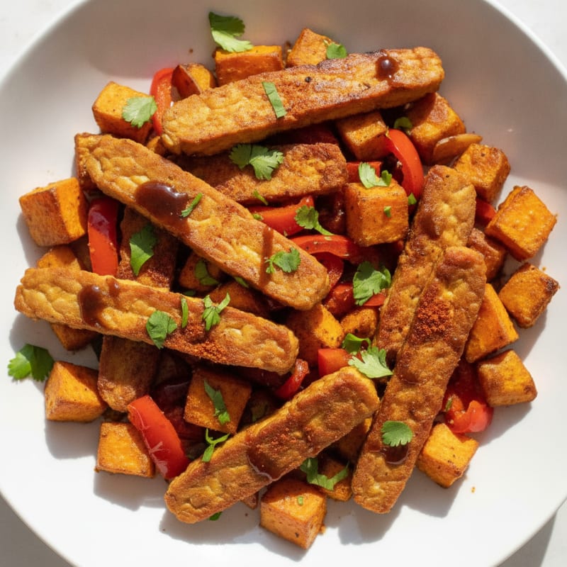 Crispy Tempeh with Roasted Sweet Potato and Peppers