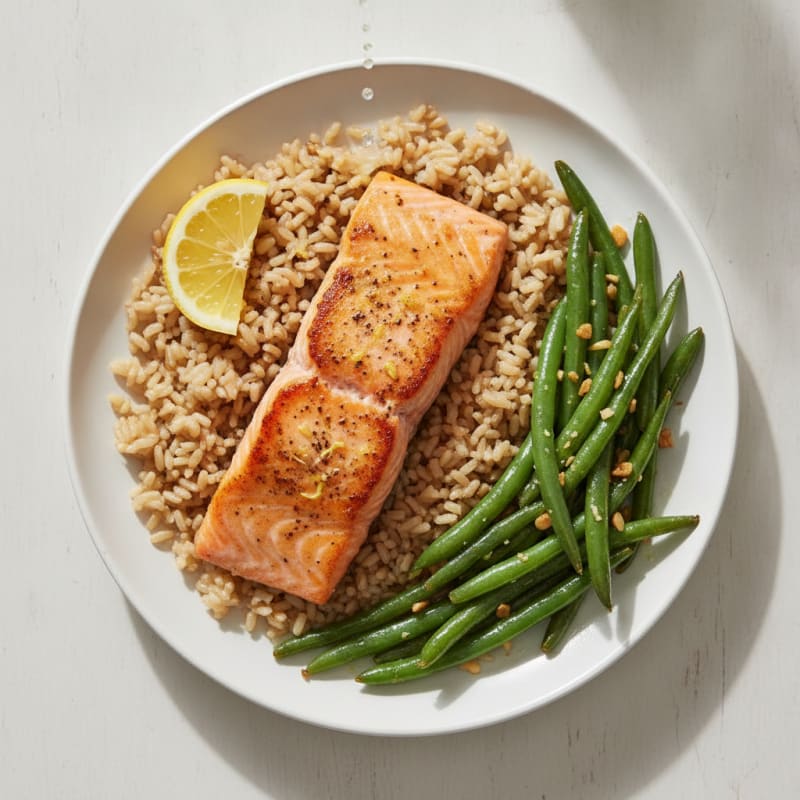 Seared Salmon Fillet with Garlic Green Beans and Brown Rice