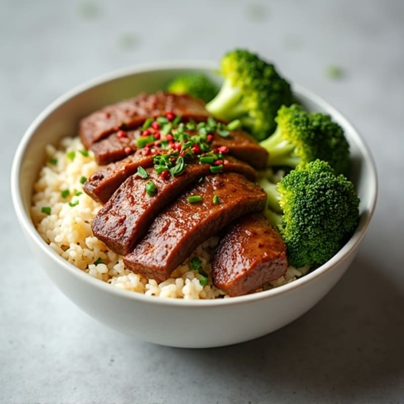 Savory Garlic-Ginger Beef and Crispy Broccoli Rice Bowl