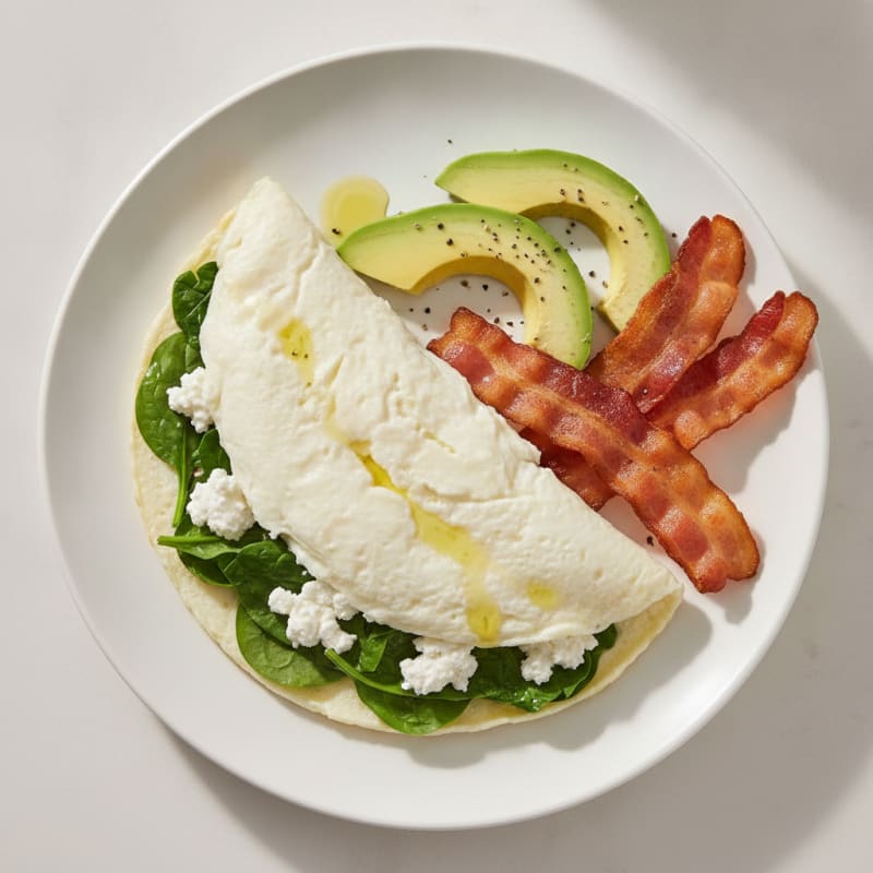 Egg White Spinach Omelette with Cottage Cheese and Turkey Bacon