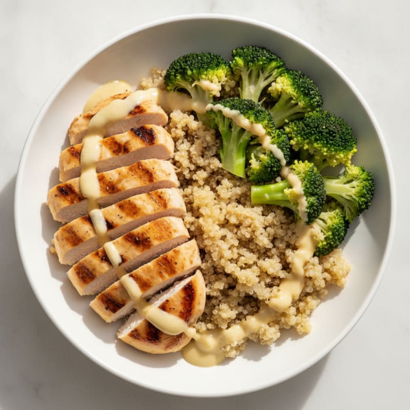 Grilled Chicken and Quinoa Bowl with Steamed Broccoli and Lemon Tahini Drizzle