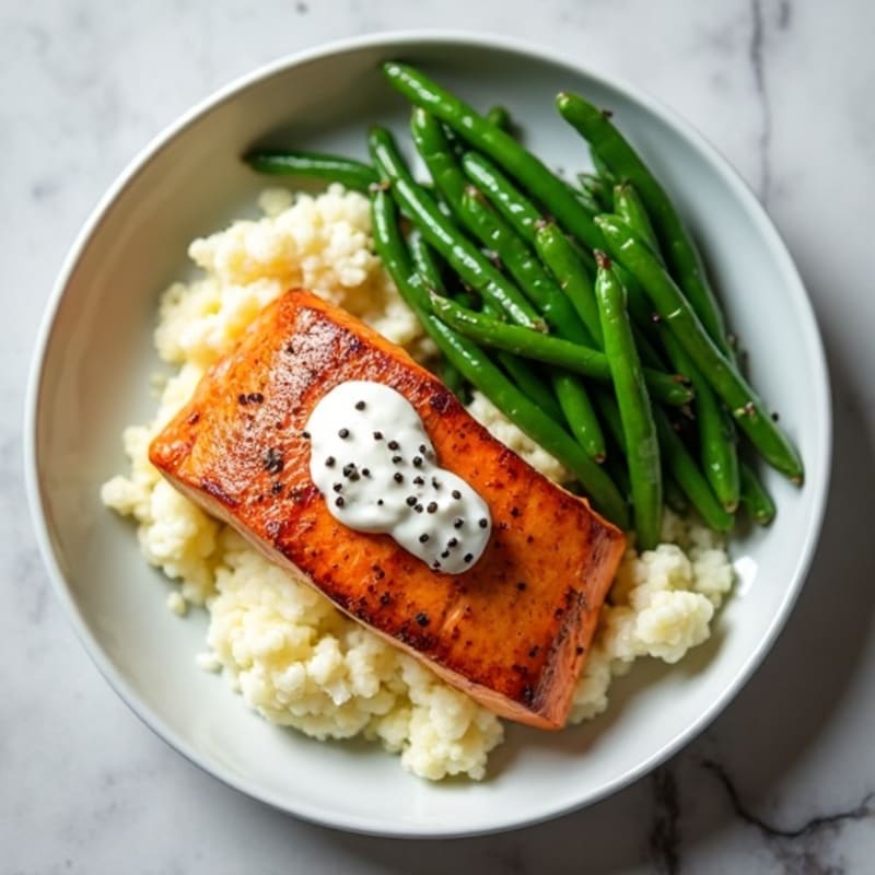Seared Salmon Fillet with Steamed Green Beans and Cauliflower Mash