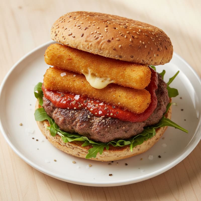 Mozzarella Stick Beef Burger with Marinara