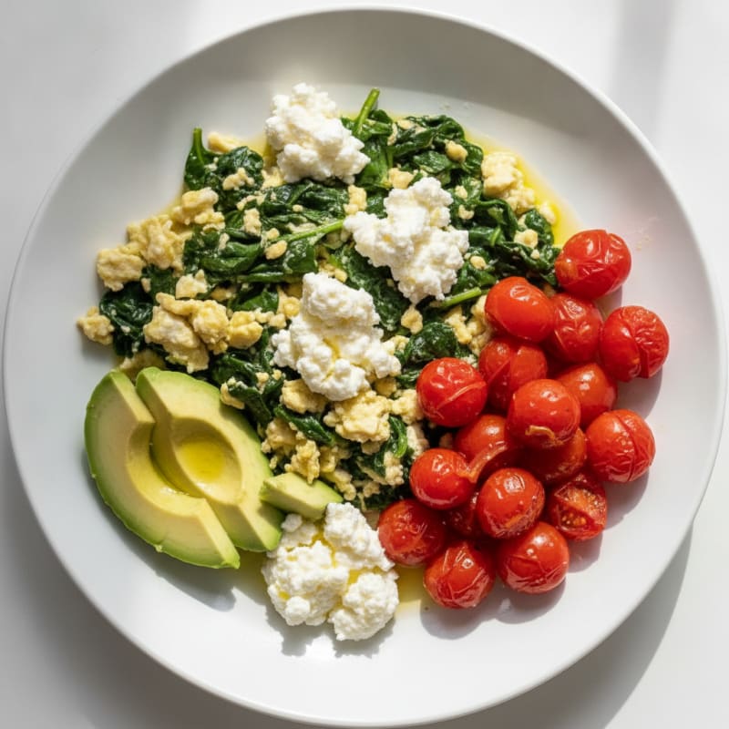 Egg White and Spinach Scramble with Cottage Cheese and Cherry Tomatoes