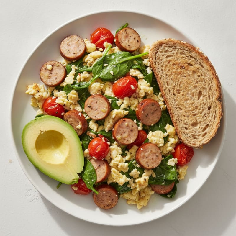 Egg White and Chicken Sausage Scramble with Spinach and Roasted Tomatoes
