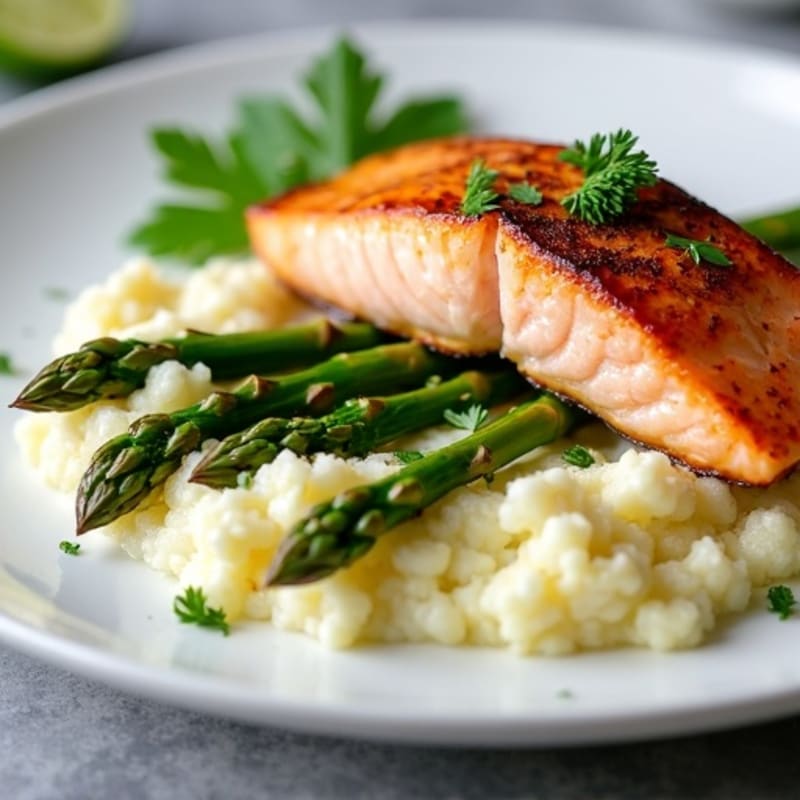 Seared Salmon with Steamed Asparagus and Cauliflower Mash