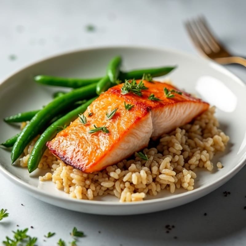 Seared Salmon Filet with Garlic Green Beans and Brown Rice