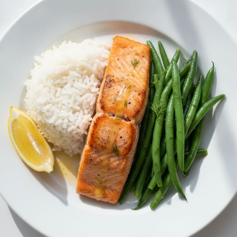 Seared Salmon with Steamed Rice and Herb Green Beans