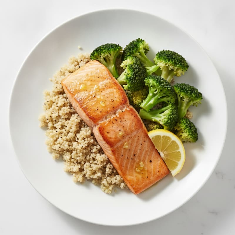 Seared Salmon Fillet with Steamed Broccoli and Quinoa