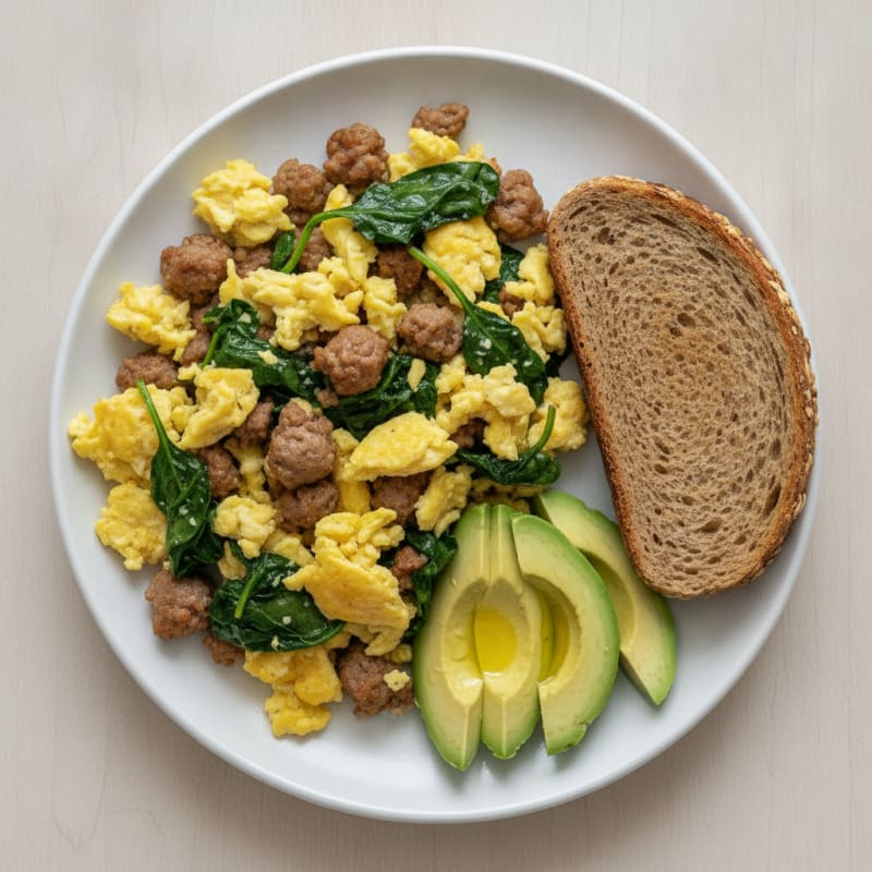 Scrambled Eggs with Turkey Sausage and Spinach