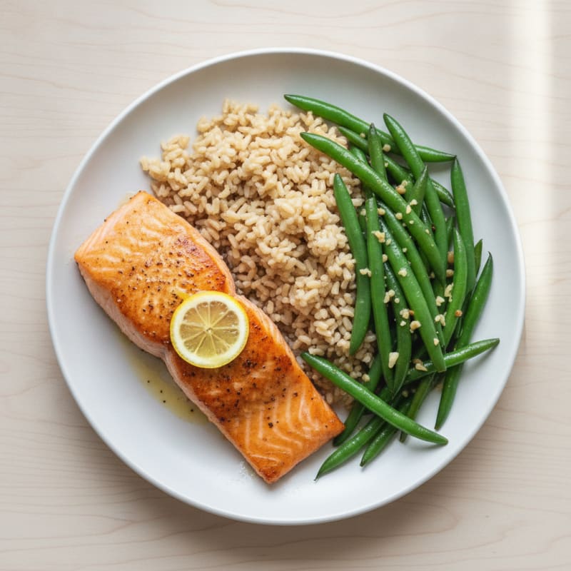 Seared Salmon with Garlic Green Beans and Brown Rice