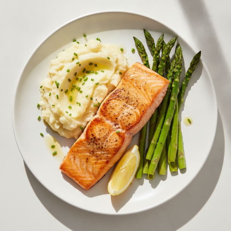 Seared Salmon Fillet with Garlic Mashed Potatoes and Roasted Asparagus