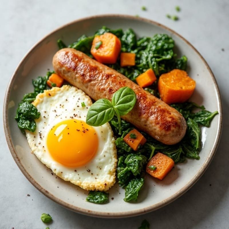 Egg White and Turkey Sausage Scramble with Spinach and Sweet Potato