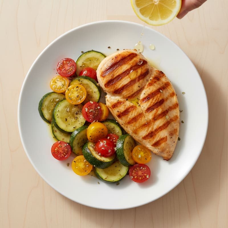 Grilled Chicken Breast with Roasted Zucchini and Tomato Salad