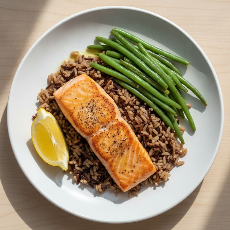 Seared Salmon with Steamed Green Beans and Wild Rice