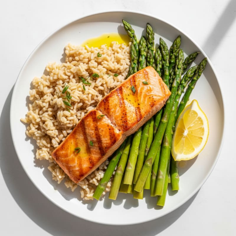 Seared Salmon with Steamed Asparagus and Brown Rice