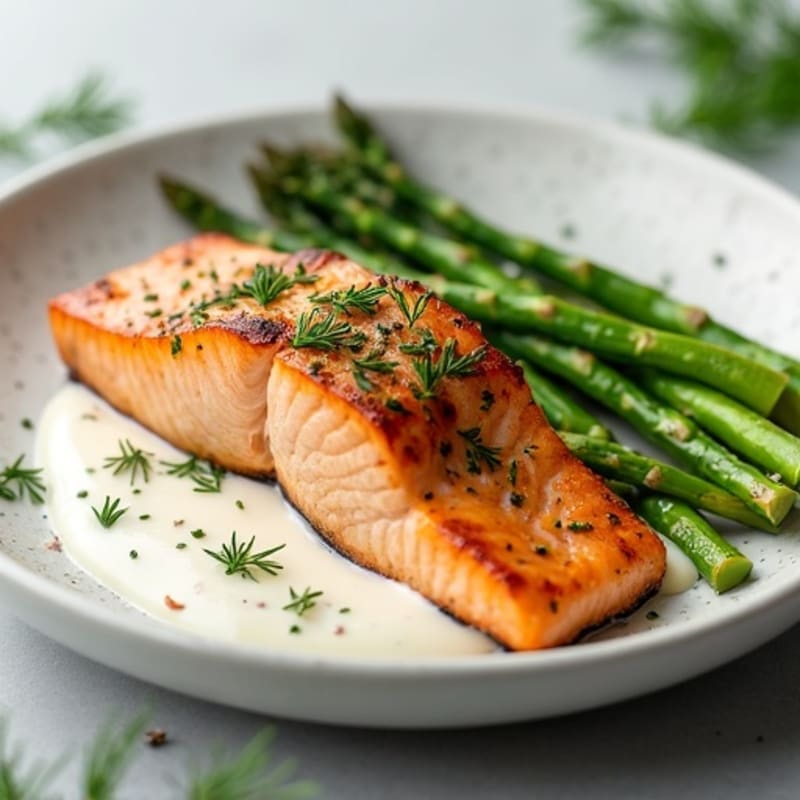 Seared Salmon with Steamed Asparagus and Lemon-Dill Yogurt Sauce