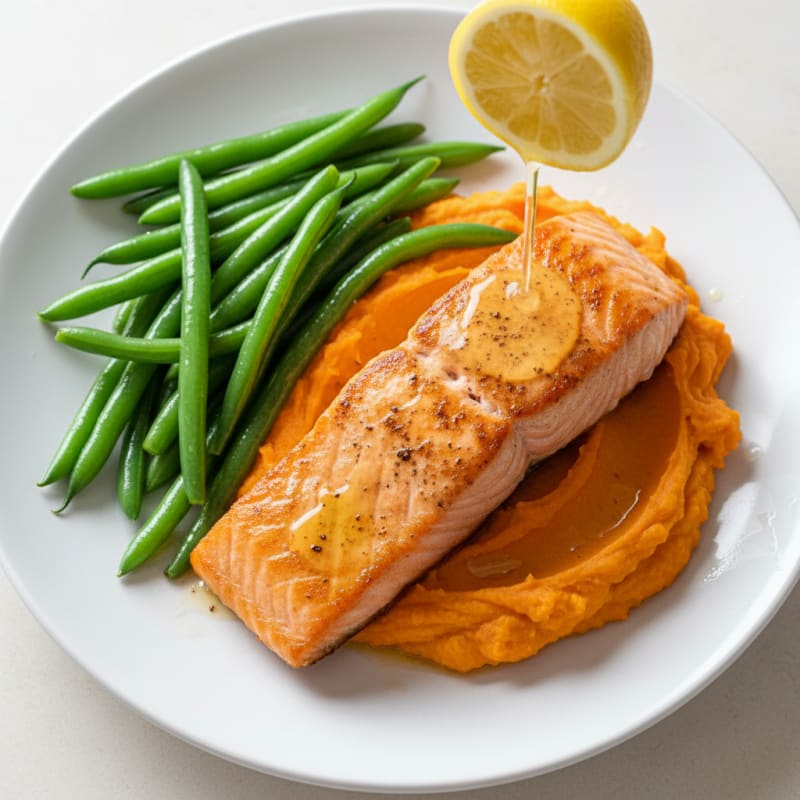 Seared Salmon with Steamed Green Beans and Mashed Sweet Potato
