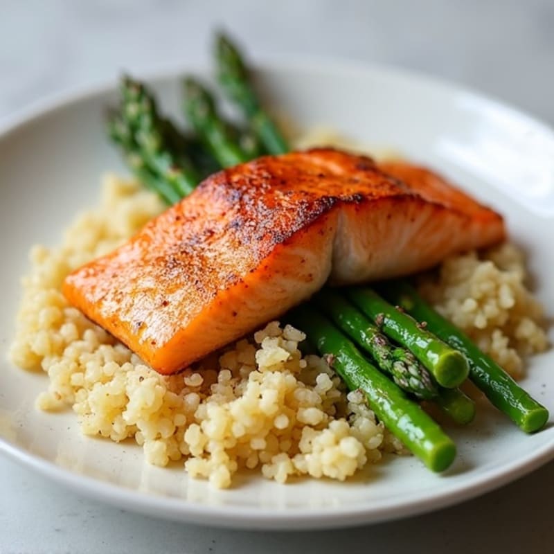 Seared Salmon with Steamed Asparagus and Cauliflower Rice