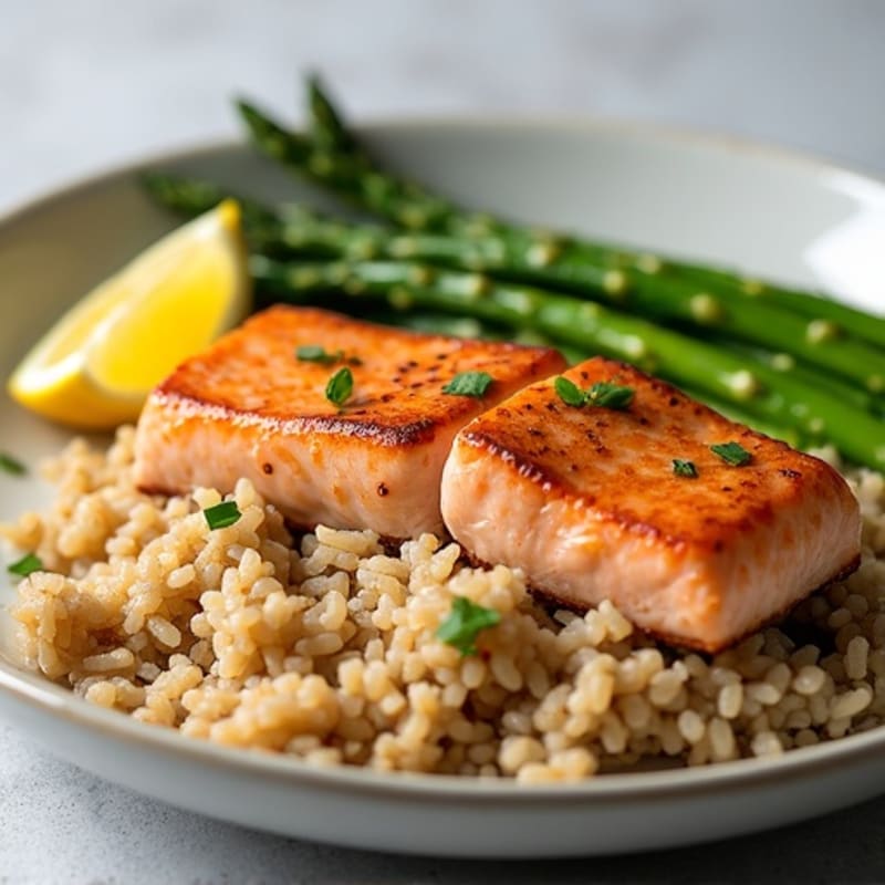 Seared Salmon with Steamed Asparagus and Brown Rice