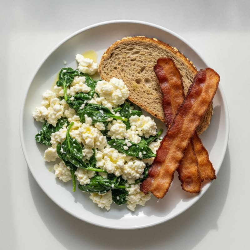 Cottage Cheese Scramble with Spinach and Turkey Bacon
