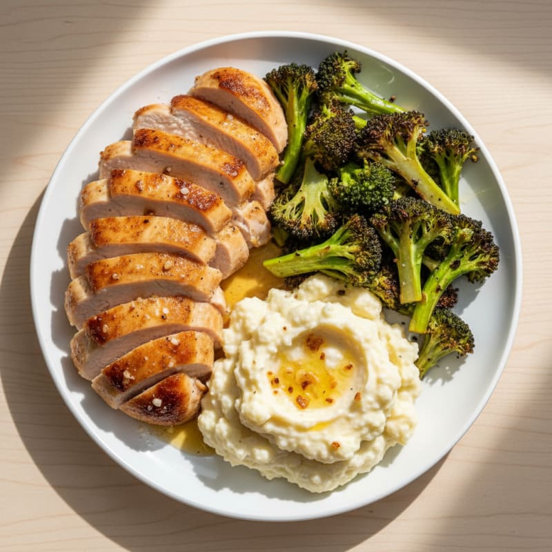 Seared Turkey Breast with Roasted Broccoli and Garlic Mashed Cauliflower