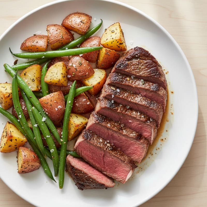Seared Beef Steak with Roasted Potatoes and Green Beans