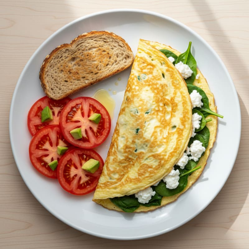 Egg White Spinach Omelette with Cottage Cheese and Sliced Tomatoes