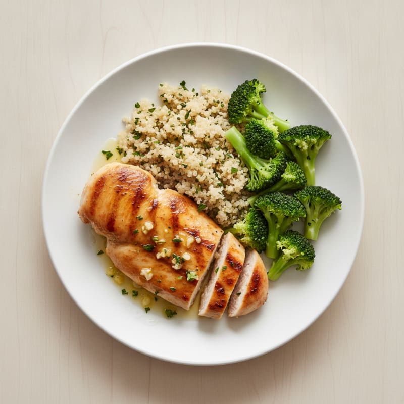 Grilled Lemon-Garlic Chicken Breast with Steamed Broccoli and Quinoa