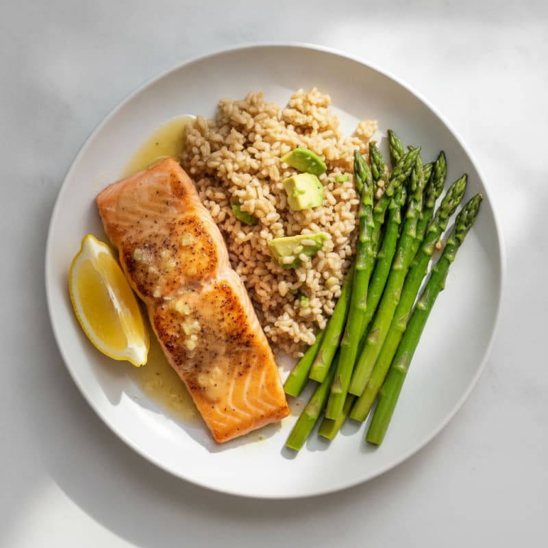 Seared Salmon with Steamed Asparagus and Brown Rice