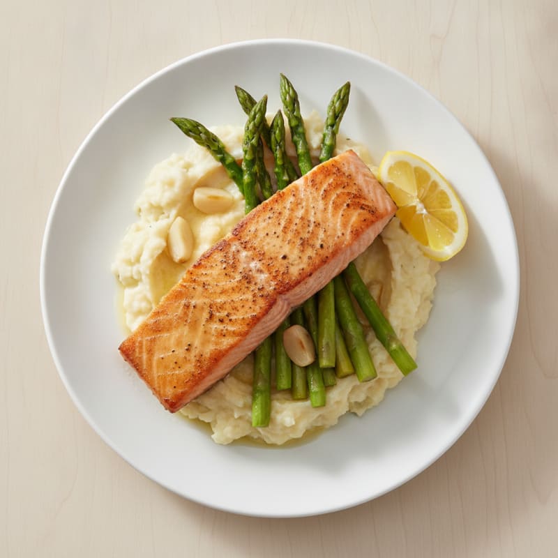 Seared Salmon Fillet with Asparagus and Garlic Mashed Cauliflower