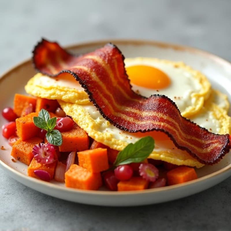 Crispy Turkey Bacon and Scrambled Eggs with Roasted Sweet Potato Hash