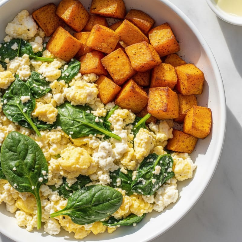 Cottage Cheese Scramble with Spinach and Roasted Sweet Potatoes