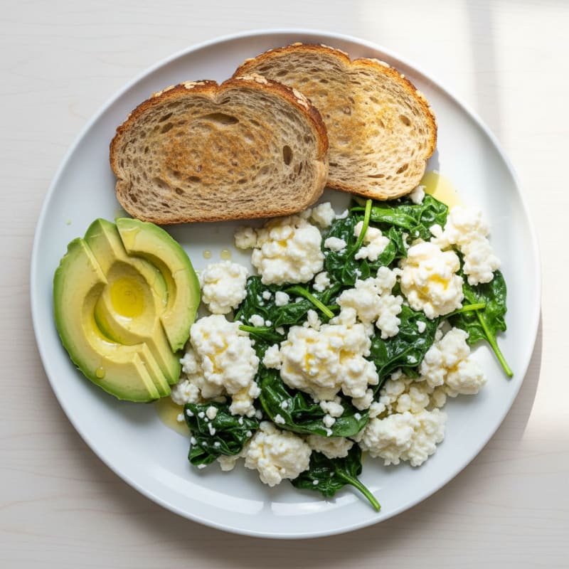 Egg White and Cottage Cheese Scramble with Sautéed Spinach