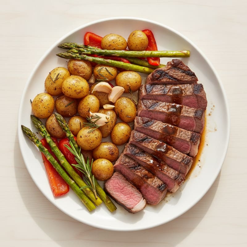 Grilled Lean Beef Steak with Roasted Vegetables and Herb Potatoes