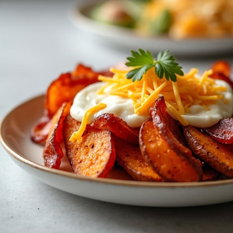 Crispy Roasted Sweet Potato Wedges with Lean Bacon and Creamy Cheesy Topping