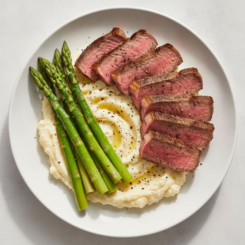 Seared Lean Beef with Steamed Asparagus and Cauliflower Mash