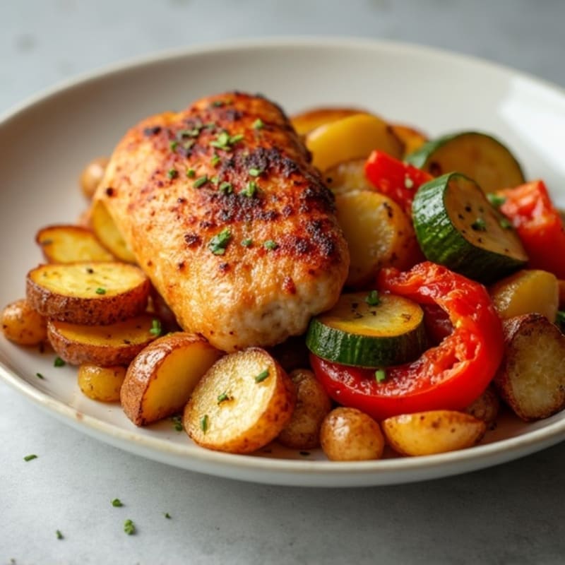 Savory Chicken Sausage and Crispy Potato Bake with Roasted Vegetables