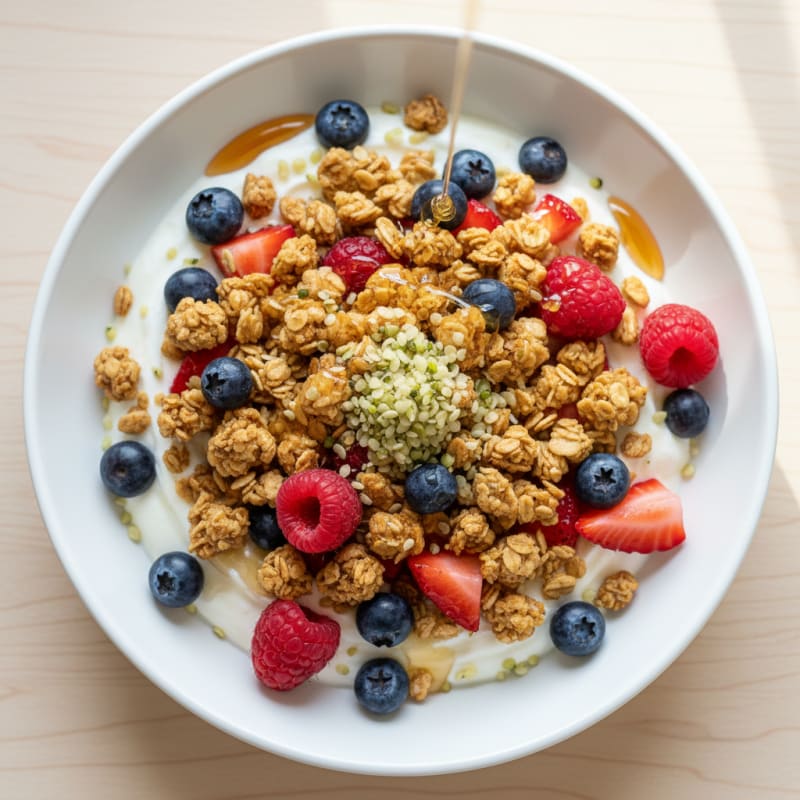Silky Greek Yogurt Bowl with Protein Granola and Mixed Berries