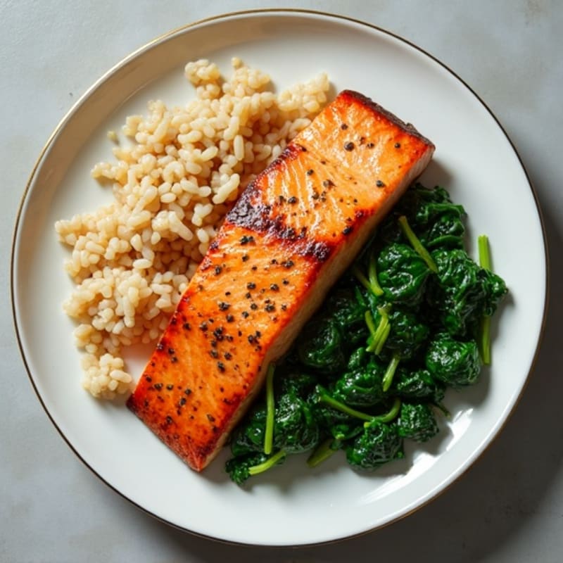 Seared Salmon with Garlic Sautéed Spinach and Brown Rice