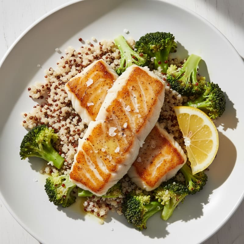 Seared Cod Filet with Steamed Broccoli and Quinoa