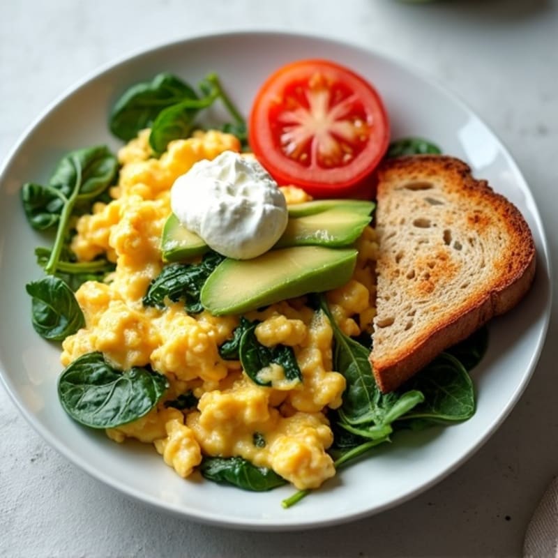 Egg White Spinach Scramble with Cottage Cheese, Sliced Tomato & Toast