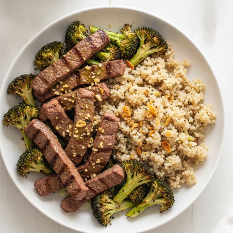 Seared Lean Beef Strips with Roasted Broccoli and Garlic Quinoa