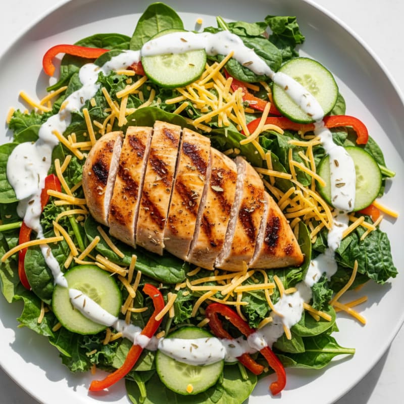 Grilled Chicken Salad with Shredded Cheese and Crunchy Vegetables
