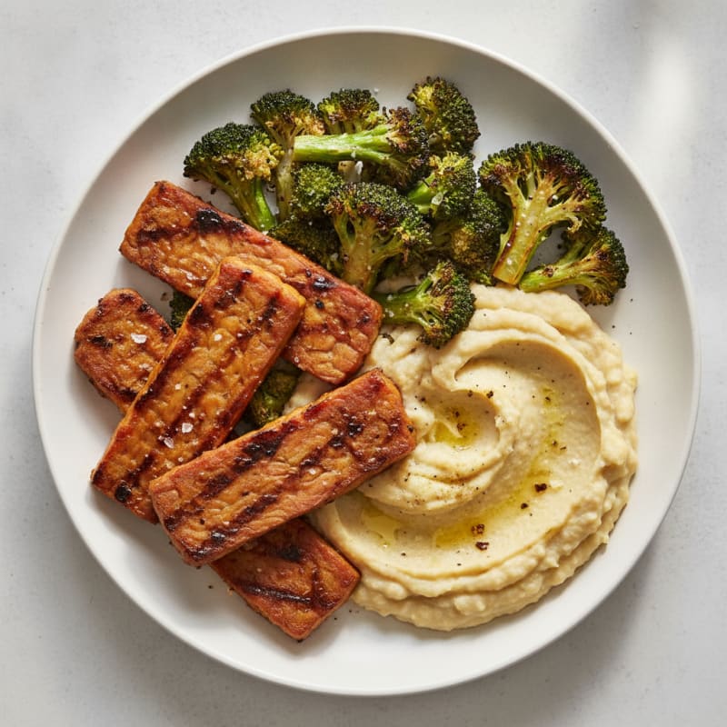 Grilled Tempeh with Roasted Broccoli and Garlic White Bean Mash