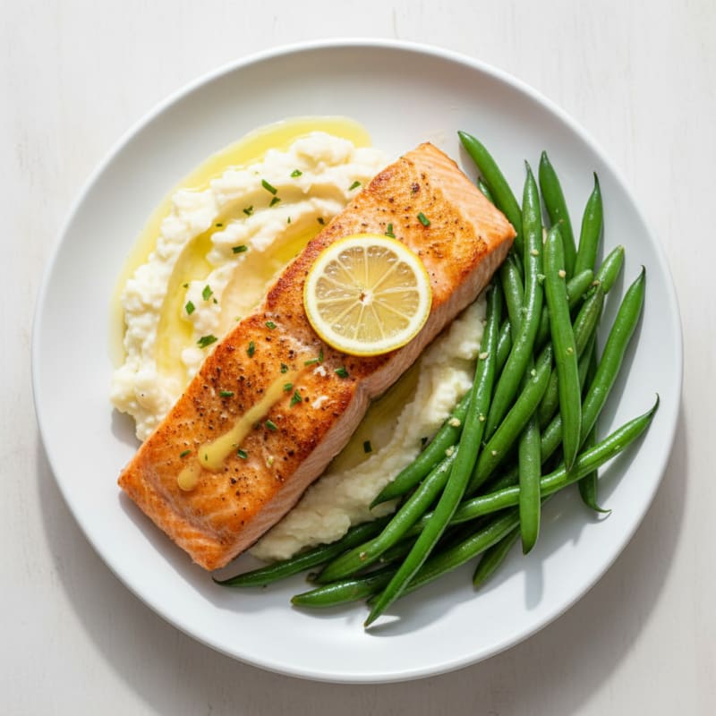 Seared Salmon with Steamed Green Beans and Garlic Mashed Cauliflower